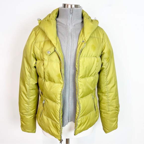 EDDIE BAUER CHARTREUSE WITH GRAY RIBBED SWEATER LINING PUFFER JACKET SZ MEDIUM - Picture 1 of 10